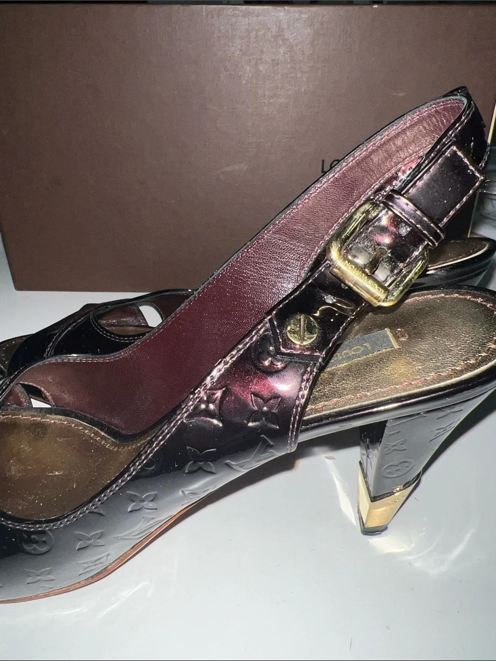 Louis Vuitton Vernis Monogram Slingback Heels with Gold Buckle
